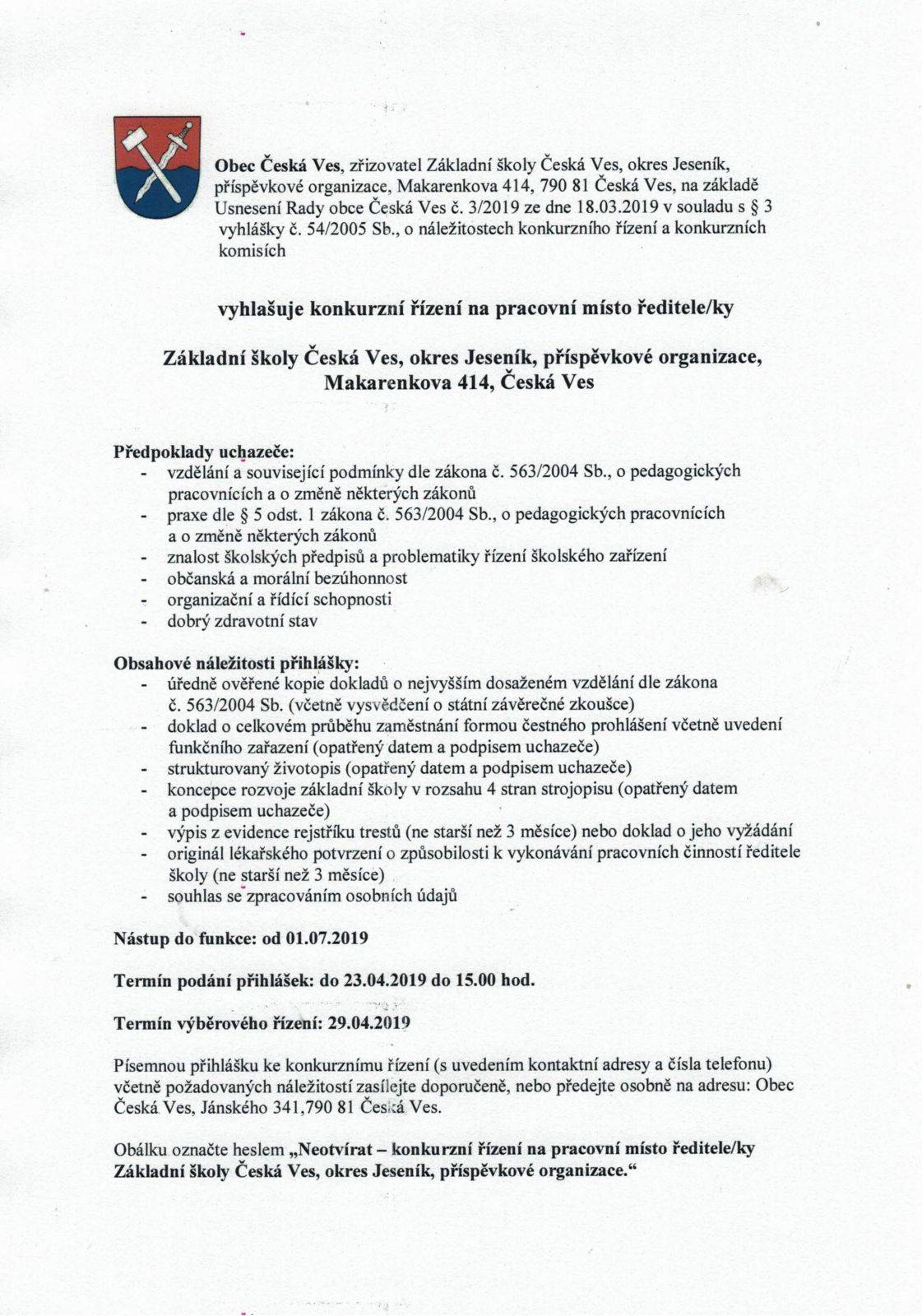 Konkurzní řízení na pracovní místo ředitele/ky